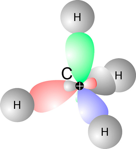 Ein Kohlenstoffatom in der Mitte und drum herum vier Wasserstoffatome, so 
kann man sich Methan vorstellen
(Bild: Uni Stuttgart)