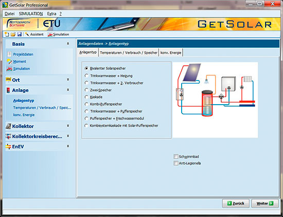 Arbeitsoberfläche einer Simulationssoftware für Thermische Solaranlagen 
(hier Getsolar von ETU)
(Bild: IBH)