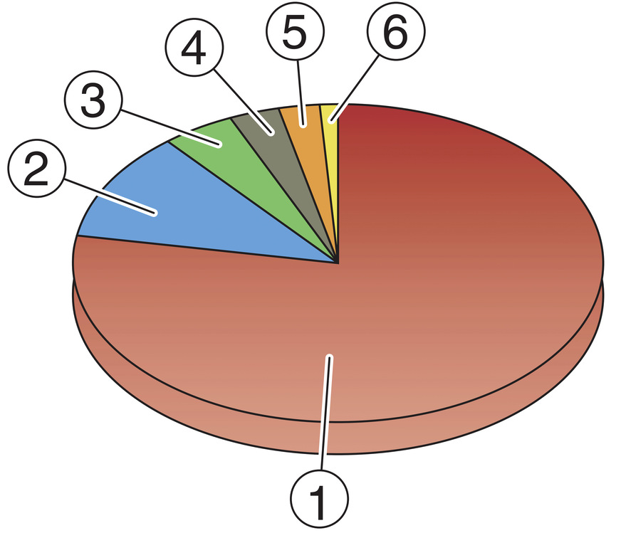 Energieverbrauch in privaten Haushalten:[1] Heizen 78 %[2] Warmwasser 11 %[3] Sonstige Geräte 4,5 %[4] Kühlen, Gefrieren 3 %[5] Waschen, Kochen, Spülen 2,5 %[6] Licht 1 %