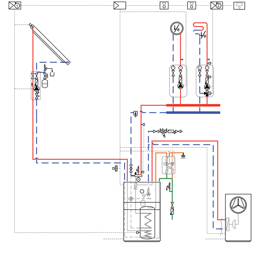 Prinzipdarstellung einer Luftwärmepumpe in Verbindung mit einer funktionsfähigen Heizungshydraulik zur Integration einer thermischen Solaranlage