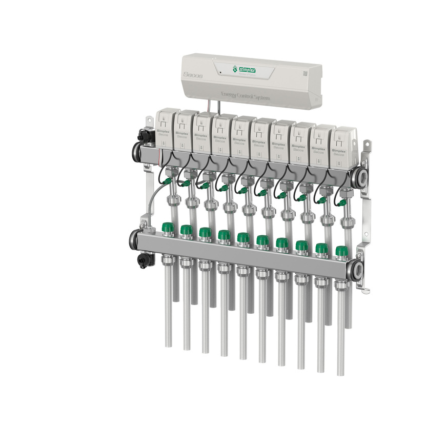 Für Flächentemperierungen bietet Simplex das Regelsystem Secos. Dieses gleicht die Heizzonen der Flächentemperierung digital und vollautomatisch hydraulisch ab