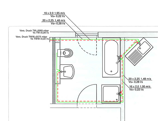 Bild 3: Durchschleif-Reiheninstallation mit Uponor-Mehrschichtverbundrohr: Das WC ist als Hauptverbraucher am Ende des Stranges angeschlossen