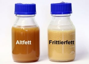 Durch Hydrierung wird aus gebrauchten Fetten ein Brennstoff für Ölheizungen. Altfett und Frittierfett vor der Hydrierung