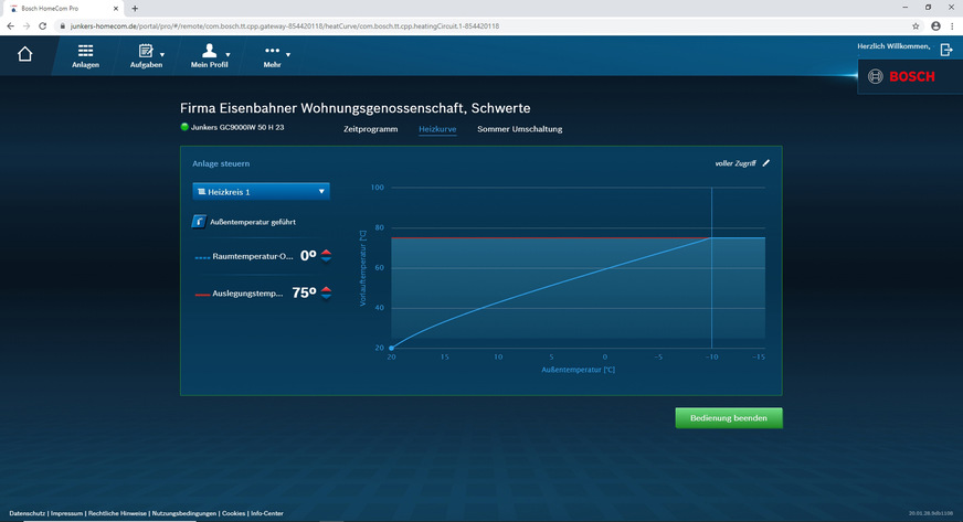 Mit HomeCom Pro ist haben Heizungsbauer den Anlagenstatus mit Informationen zu Fülldruck, Außentemperatur, Temperaturen und Heizkurve der Heizkreise immer im Blick.