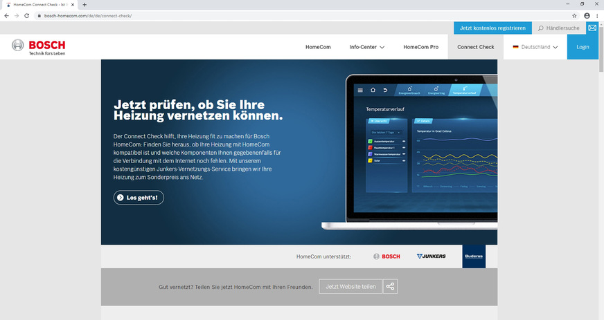 Um zu überprüfen, ob eine Anlage beim Endkunden die Voraussetzungen erfüllt, bietet HomeCom Pro unter www.bosch-homecom.com/connect-check einen Verbindungs-Check an. Mit wenigen Klicks kann man so erfahren, ob das Vorhaben technisch umgesetzt werden kann.