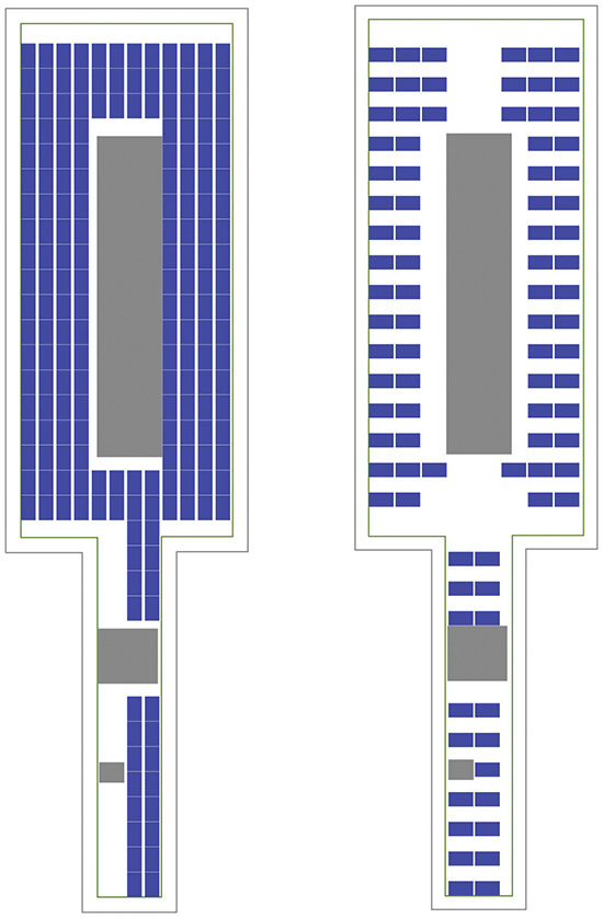 Die Grafik zeigt anschaulich, dass eine Ost-West-Ausrichtung (links) eine dichtere Belegung mit Photovoltaik zulässt als eine reine Südausrichtung (rechts)