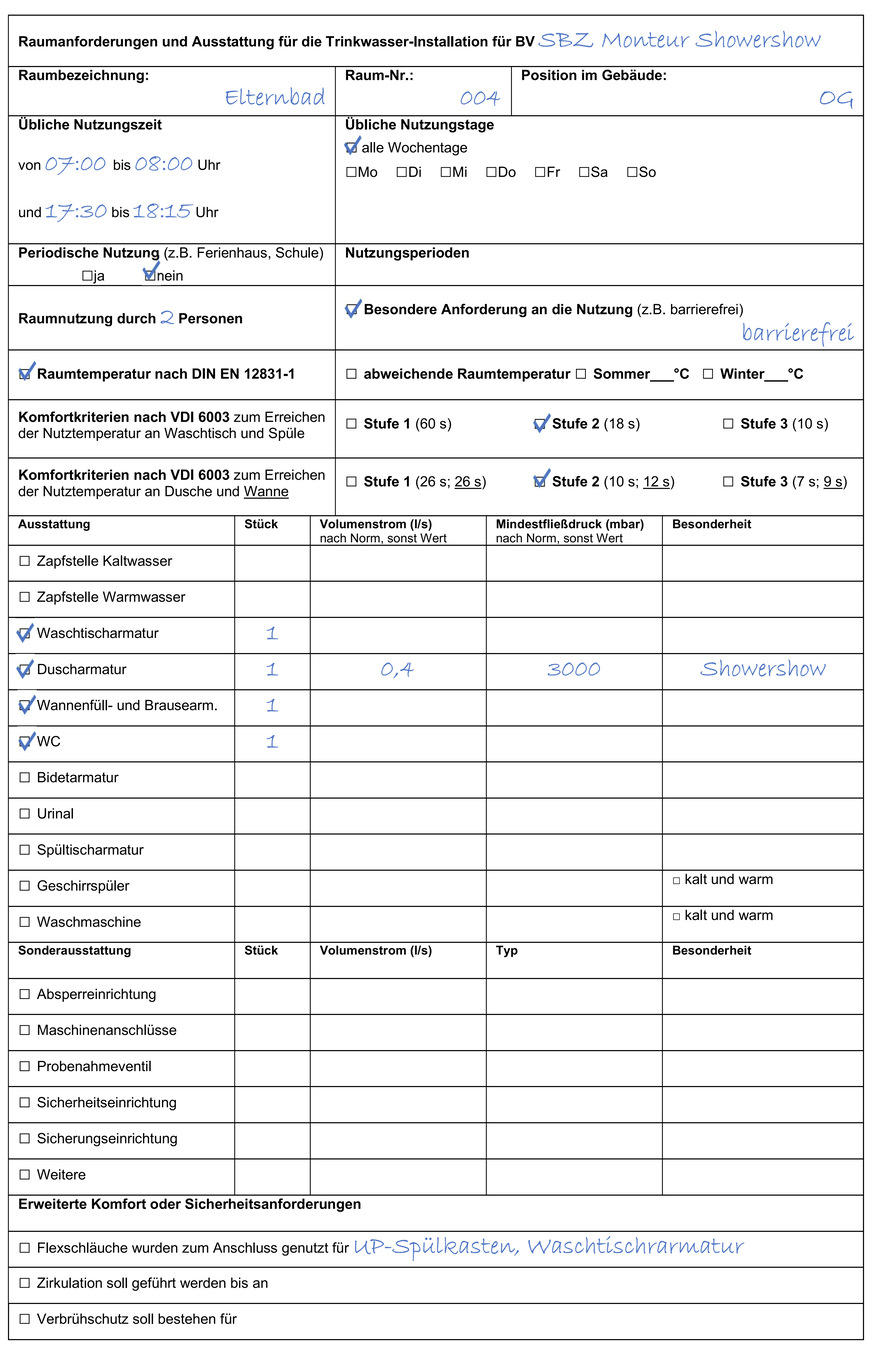 Raumbuch zum dritten Beispiel mit der Dusche in Sonderform einer Showershow