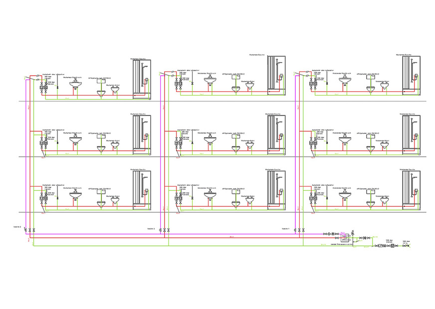 Ein Strangschema ermöglicht die Darstellung auch von komplexeren Installationen. Hier ergibt sich zusammenhängend ein Volumenstrom von 1,31 l/s nach Anwendung der Formel zur Ermittlung der Gleichzeitigkeit. Wer hätte das gedacht?