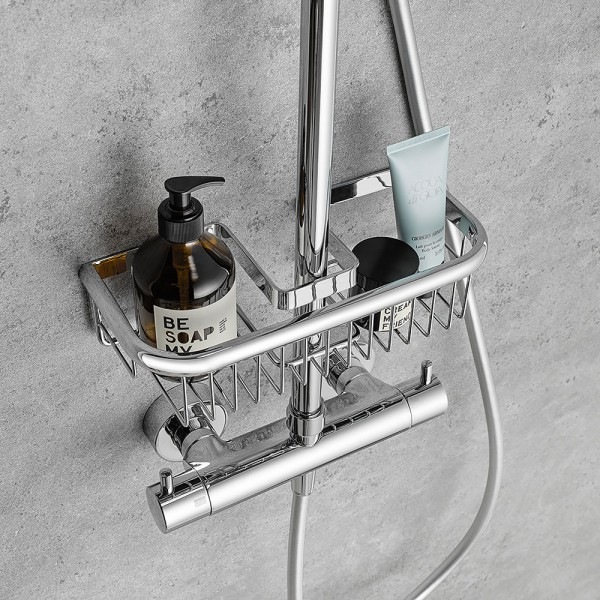 Der Duschkorb Premium als Shower-Set Modell kann dank seiner Aussparung mit allen HSK Shower-Sets kombiniert und ganz einfach vor die Brausestange montiert werden.