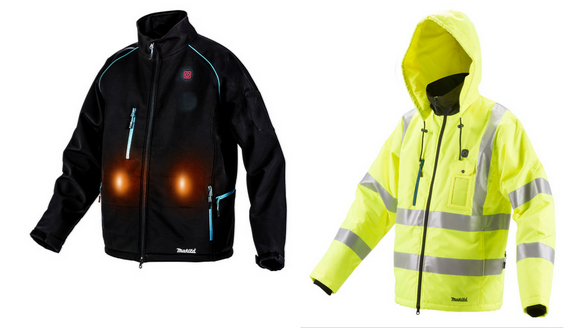 Links: Wärmt und schützt in der kalten Jahreszeit: die Makita Akku-Thermojacke DCJ205. Rechts: Die signalgelbe Farbe und die reflektierenden Streifen der Makita Thermoja-cke DCJ206 schaffen eine bessere Sichtbarkeit im Dunklen