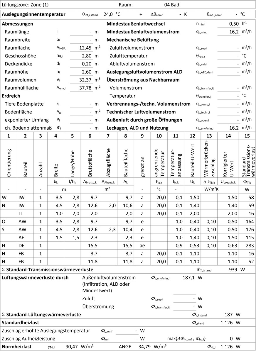 Beispiel der Heizlastberechnung nach DIN EN 12831 für das „24-Grad-Bad“