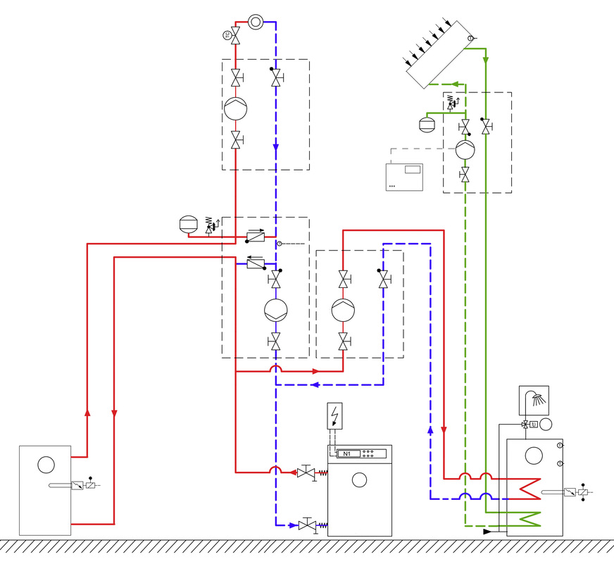 Schema für den monoenergetischen Wärmepumpenbetrieb mit einem Heizkreis, Reihen-Pufferspeicher und bivalentem Solarspeicher zur solaren Warmwasserunterstützung