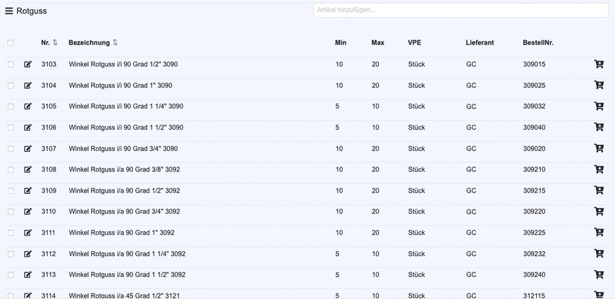 Beispiel für eine Artikelliste