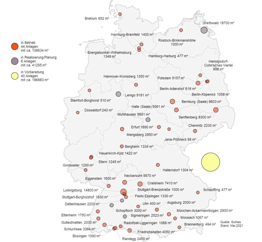 44 solare Wärmenetze mit insgesamt 106.634 Quadratmetern Kollektorfläche sind im Jahr 2021 in Deutschland bereits in Betrieb. Viele Weitere sind in Bau oder Planung.