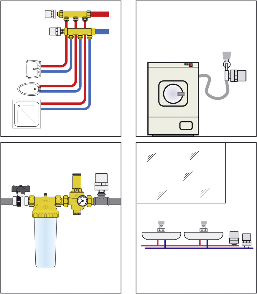 Neben der Standardversion gibt es spezielle Versionen der Wasserschlagdämpfer für Spülen, Waschbecken und Wasch­maschinen.