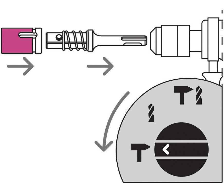 Schritt 1: Das Setzgerät FA-ST II mit der passenden Stecknuss in die SDS Plus-Aufnahme des Bohrhammers einstecken bis dieses sicher in der Aufnahme einrastet. Den Bohrhammer auf reine Schlagfunktion umstellen.