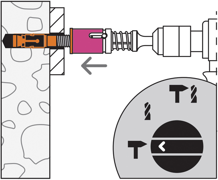 Schritt 3: Den Bolzenanker mit dem Fischer Setzgerät FA-ST II und laufendem Bohrhammer in das vorab erstellte Bohrloch eintreiben bis die Unterlegscheibe/Sechskantmutter an dem Montagegegenstand/Anbauteil anliegt.