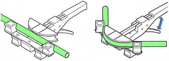 Keine Skizze einer modernen Armbrust, sondern der Vorgang des Biegens mittels Ratschenvorschubs