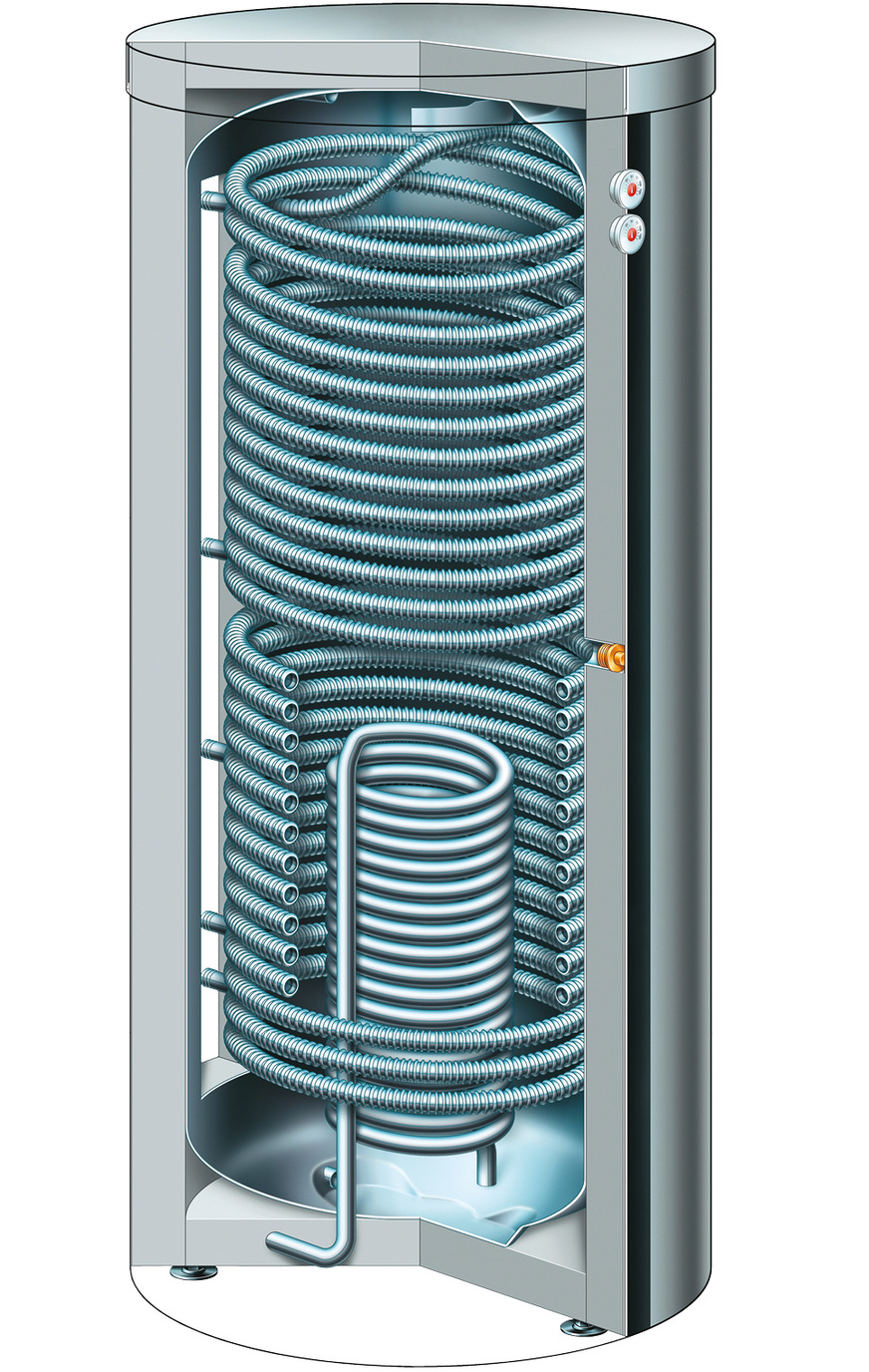 Der Kombispeicher vereint die Vorteile des Durchlauferhitzers und des klassischen Speichers in einem Bauteil. Eingebettet in einen „Tank“ mit Heizungswasser zirkuliert im unteren, kühlen Bereich das Solarregister und im oberen, heißen Bereich das Wellrohr zur Trinkwassererwärmung