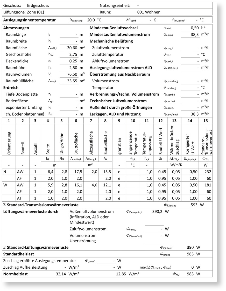 Das Formblatt zur Heizlast des Wohnzimmers sieht diese Details vor