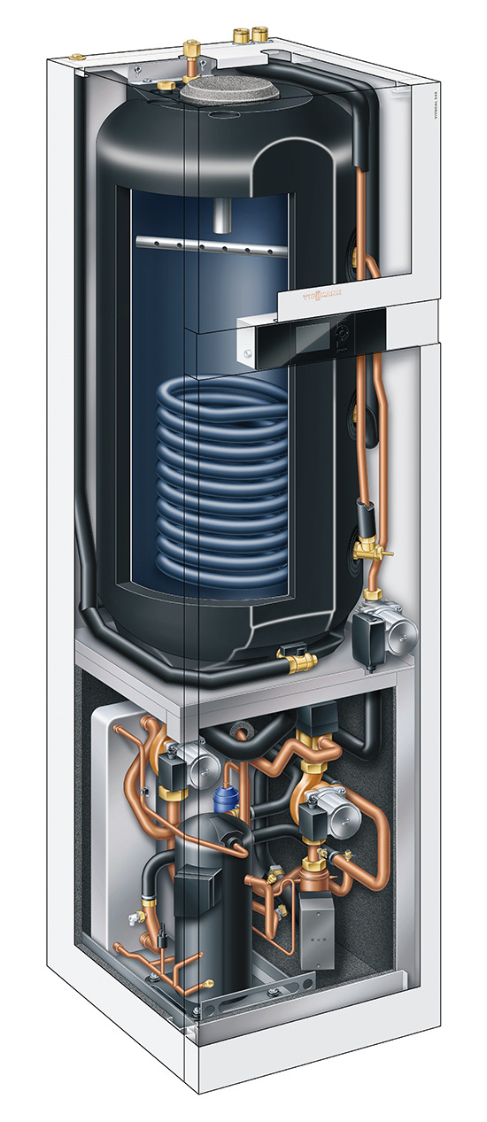 Moderne Wärmepumpen wie hier vom Typ Viessmann Vitocal 242-G haben einen schlichten inneren Aufbau