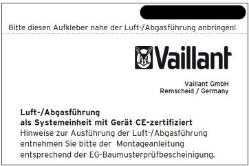 Aufkleber - Luft-/Abgasführung als Systemeinheit mit Gerät systemzertifiziert