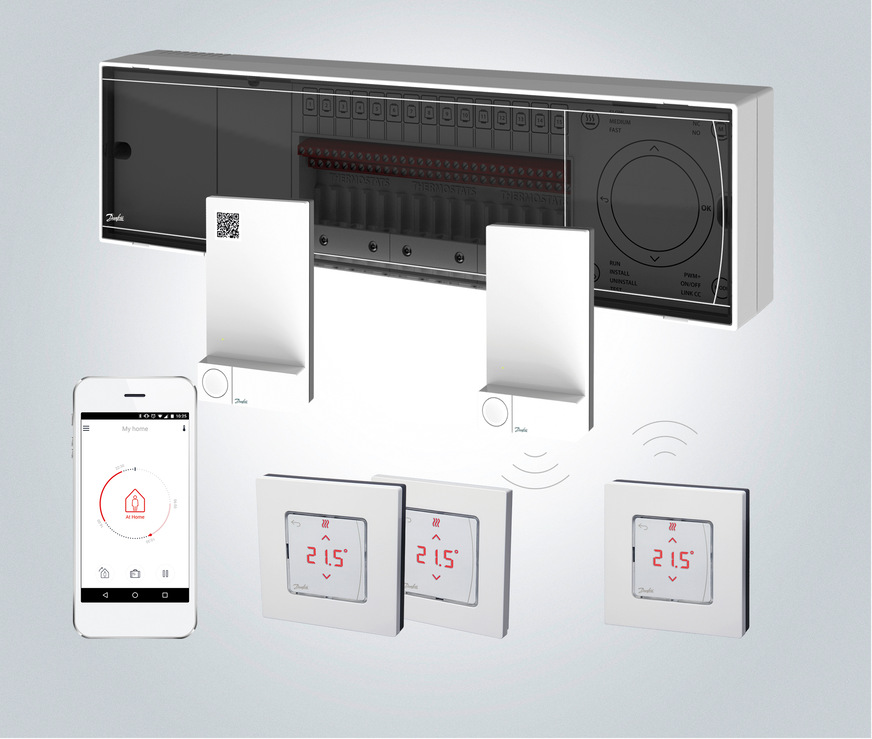 Bild 3: Für den automatischen hydraulischen Abgleich wird eine intelligente digitale Systemsteuerung benötigt. Bei Danfoss Icon kommuniziert die zentrale Steuerungseinheit mit den Raumthermostaten und den Stellantrieben des Verteilers und erfasst über selbstlernende Algorithmen, bei welchen Massenströmen die angestrebte Raumtemperatur erreicht wird.
