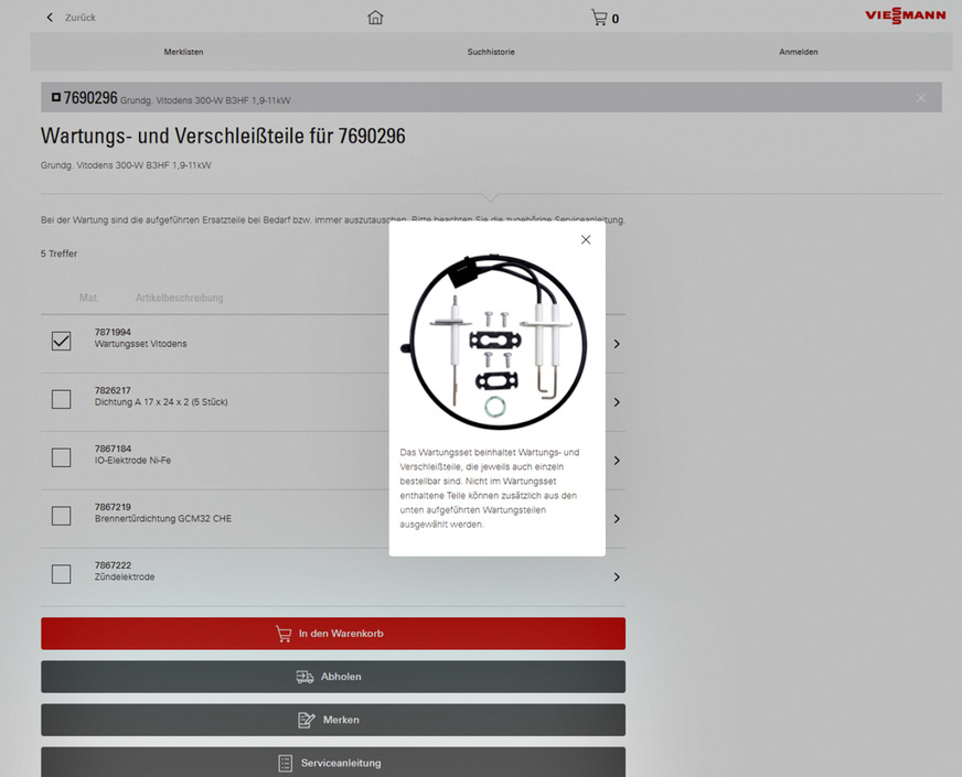 Ein klassischer Einsatzfall (3): Wollte man tatsächlich zu einer Wartung im Hause Goldstein aufbrechen, wird ein Wartungsset des dort installierten Kesseltyps als Standard für den Warenkorb vorgeschlagen und weitere Klassiker optional angezeigt.