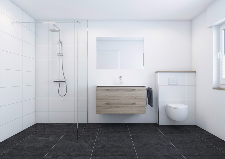 Das modernisierte barrierefreie Bad mit Duschrinne, hier abgebildet mit der Duschrinne CeraWall Connect von Dallmer.