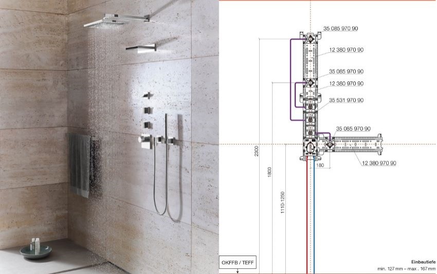 So einfach können selbst aufwendige Unterputz-Installationen sein: Dornbracht liefert für jede Duschanwendung die vermassten Installationsskizzen für die Unterputz- und die Aufputzmontage