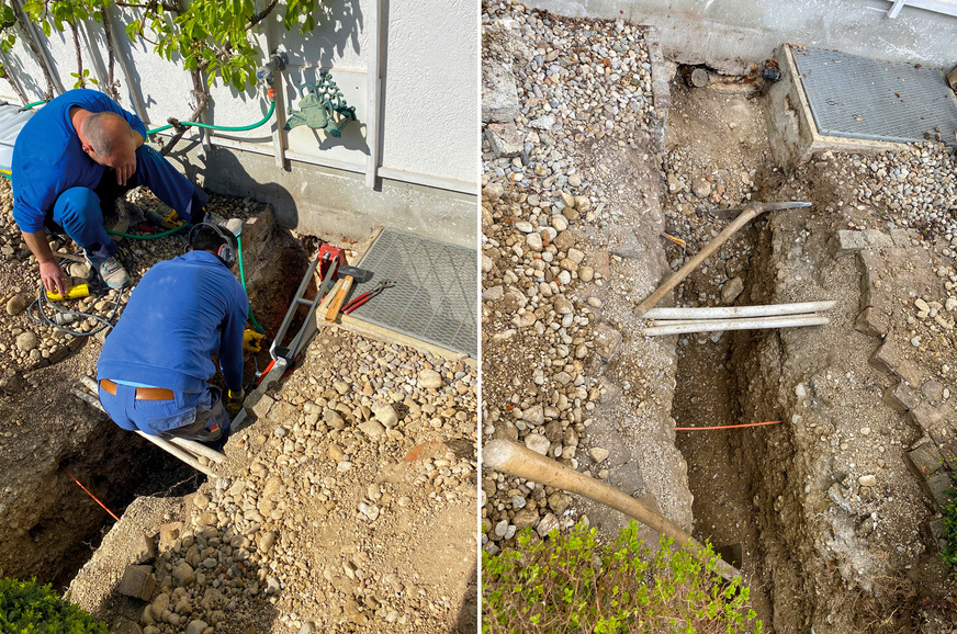 Für die Erdarbeiten muss der Weg von der Außeneinheit bis ins Haus frei zugänglich sein, denn die Bagger-, Verlege- und Installationsarbeiten im Außenbereich werden zuerst durchgeführt.