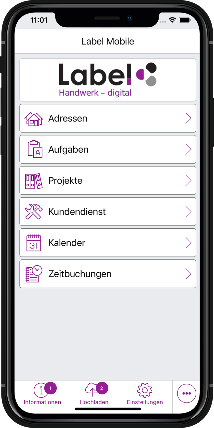 Der Startbildschirm von Label Mobile ist aufgeräumt und intuitiv zu bedienen