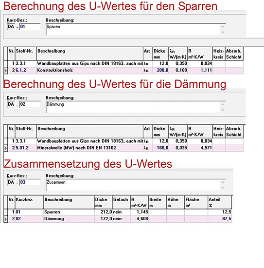 Softwaregestützt werden zuerst zwei einzelne U-Werte eingegeben und dann in einem separaten Schritt zusammengesetzt