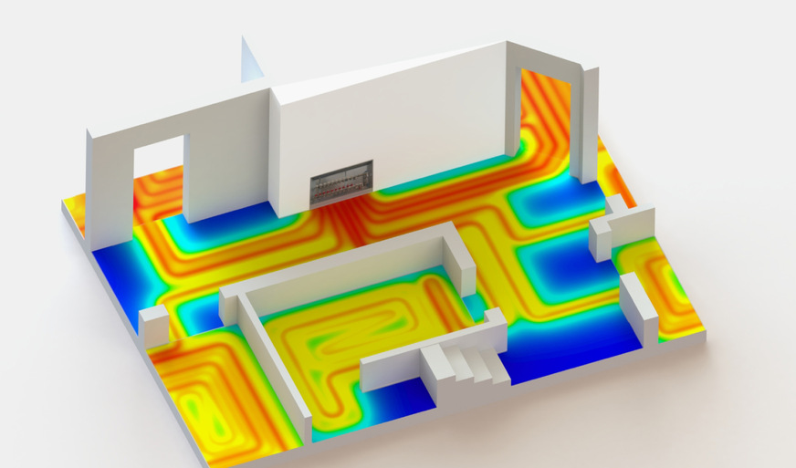 Ohne eine separate Führung der durchlaufenden Zuleitungen innerhalb der Dämmebene wird in diesem Beispiel der Flur erheblich erwärmt und kann nicht einzeln geregelt werden.