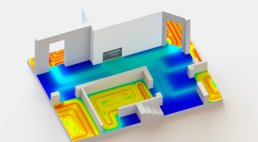 Mittels einer separaten Führung der durchlaufenden Zuleitungen innerhalb der Dämmebene wird in diesem Beispiel der Flur nicht durch fremde Zuleitungen erwärmt Der Flur kann bei Bedarf einzeln geregelt werden.