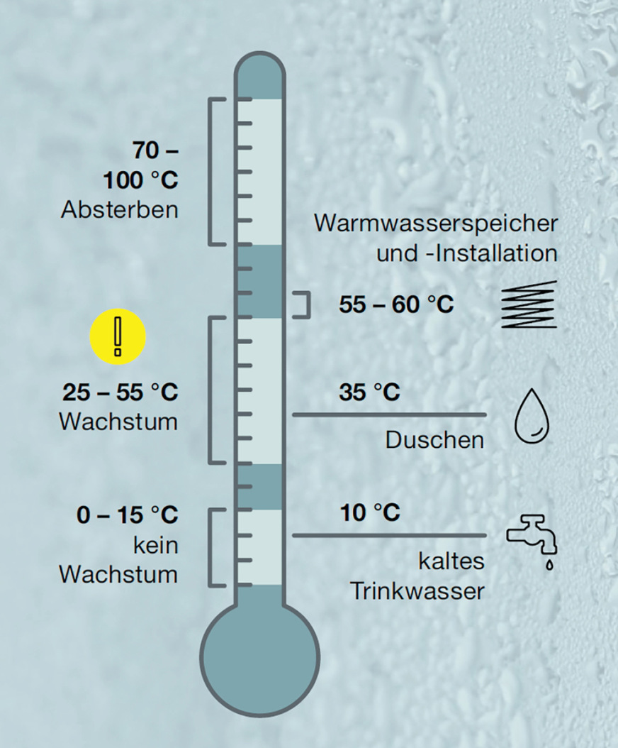 Bei Temperaturen zwischen 25 und 55 °C vermehren sich Legionellen am deutlichsten. Weil schon zwischen 25 und 55 °C das Wachstum exponentiell ist, sollten die Kaltwassertemperaturen sogar möglichst unter 20 °C bleiben.