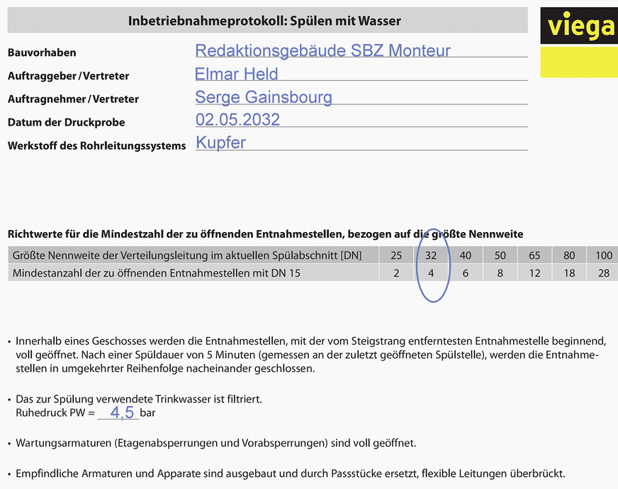 Ausschnitt aus einem Inbetriebnahmeprotokoll, das zur Übergabe einer Trinkwasserinstallation vom Fachhandwerker an den Betreiber zu übergeben ist