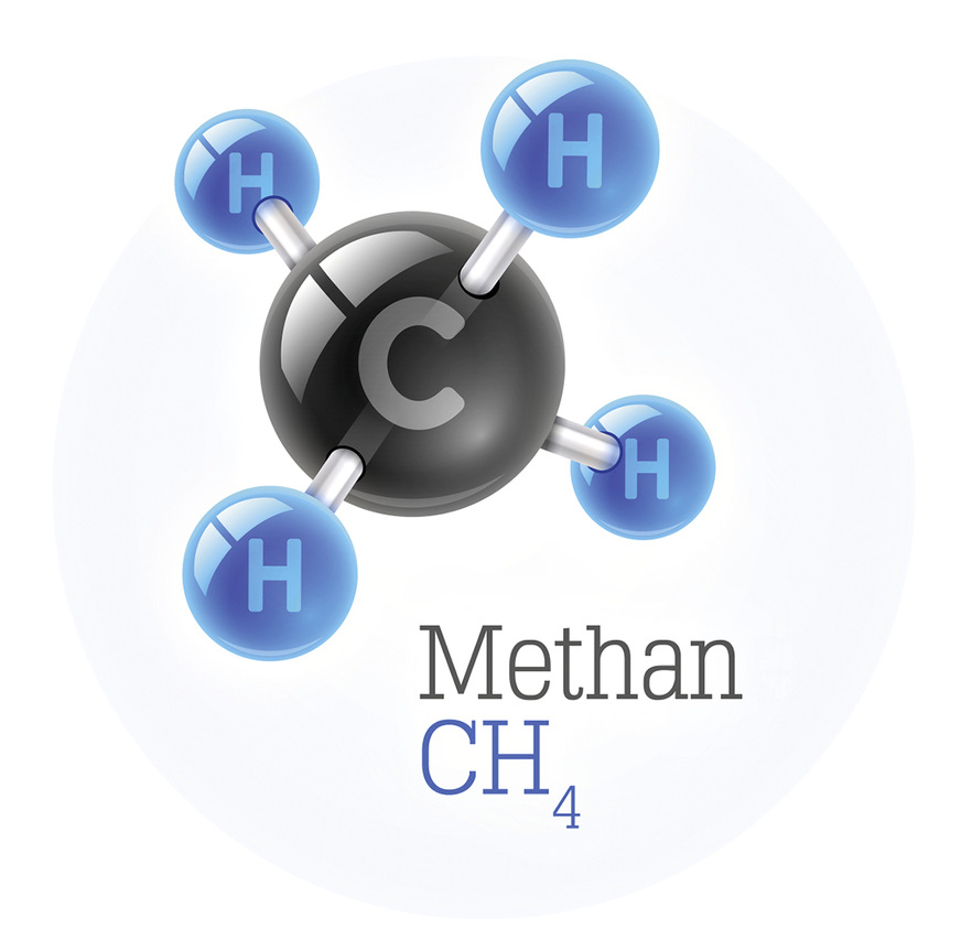 Ein Kohlenstoffatom in der Mitte und drum herum vier Wasserstoffatome, so kann man sich das Brenngas Methan vorstellen.