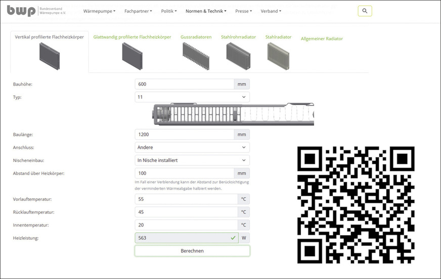 Der Heizkörperrechner des BWP liefert ein schnelles Ergebnis und kann mittels des QR-Codes gestartet werden