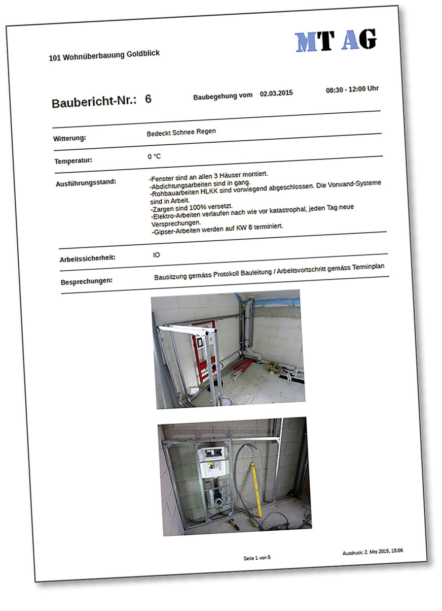 Die verarbeiteten Baustellendaten werden in Form von ­Berichten an Betroffene und Projektpartner verteilt.