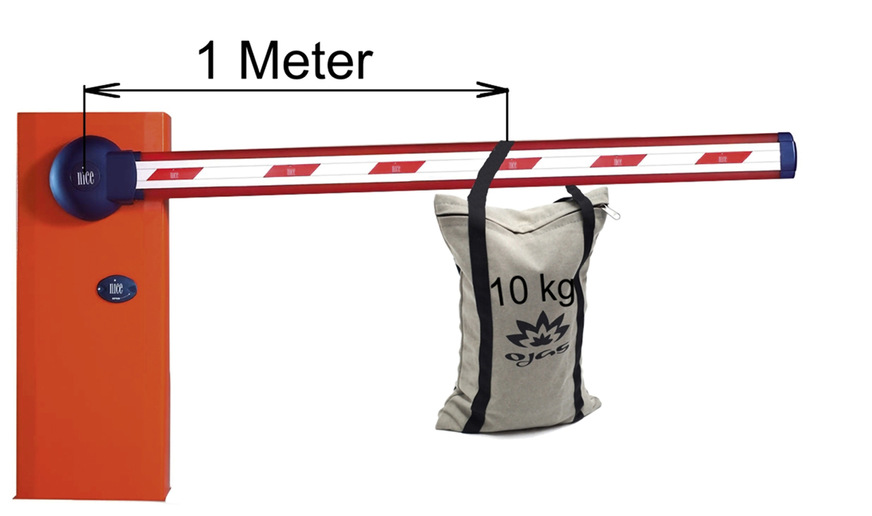 Die Schranke aus dem Rechenbeispiel mit einem 10-kg-Sack im Abstand von 1 m zum Drehpunkt