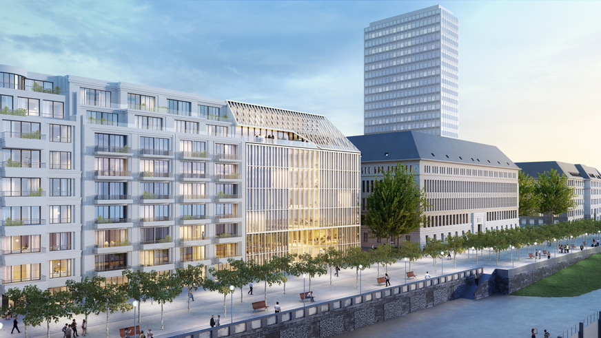 Der Neubau von Alltours befindet sich in prominenter Lage: Das Bürogebäude entsteht direkt am Rheinufer.