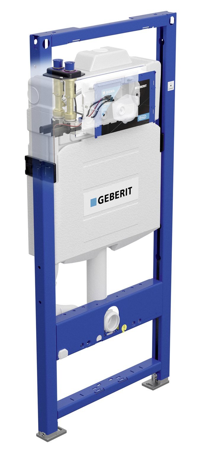 Selbsttragende Sanitärtragständer/Montageelemente (im Bild: WC-Element mit integrierter Hygienespülung) kommen typischerweise vor einer Massiv- oder Trockenbauwand (raum- oder teilhoch) zum Einsatz.