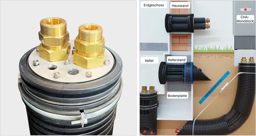 Wolf bietet ein kompaktes, widerstandsfähiges und gut isoliertes Anschluss-Modul für den seitlichen und den Anschluss von unten an. Es vereinigt die Vor- und Rücklaufleitungen mit zwei Leerrohren für die Netz- und Steuerleitungen anschlussfertig in einem gas-, druckwasser- und radondichten System.