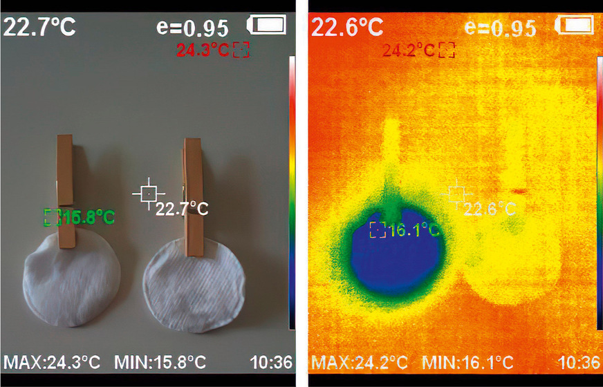 Zwei Pads unter Beobachtung einer Wärmebildkamera. Das linke Pad wurde angefeuchtet, das rechte bleibt trocken. Beide Pads werden von einem Luftstrom angeblasen.