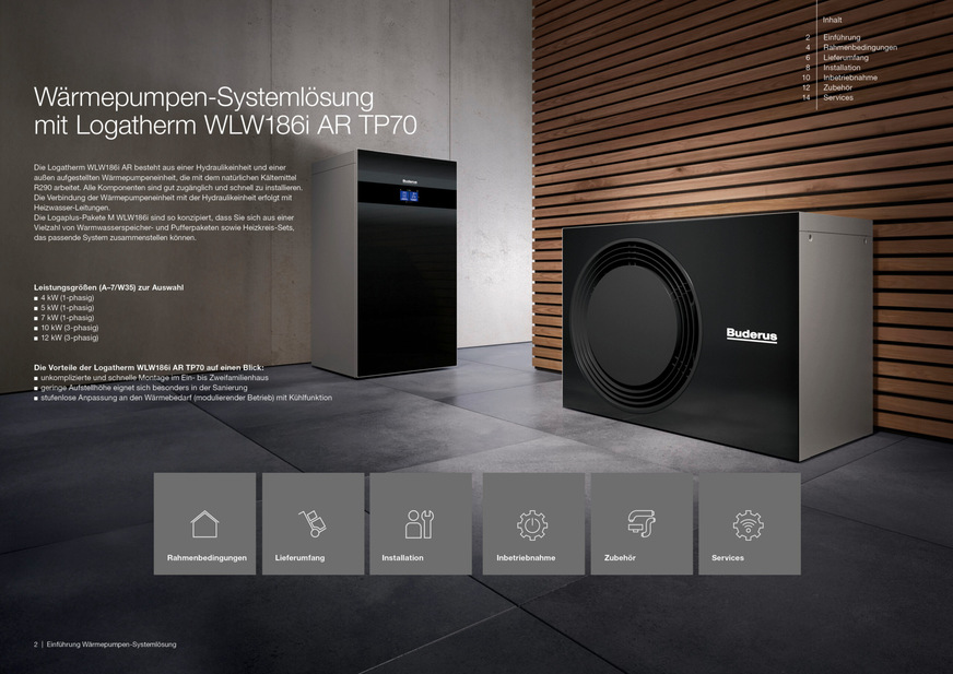 Verschiedene Rubriken umfasst der Buderus Einbaucheck für Heizsysteme. Diese sind: Rahmenbedingungen, Lieferumfang, Installation, Inbetriebnahme, Zubehör und Services.