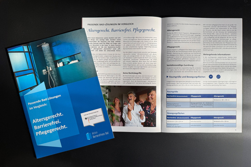Die neue Broschüre „Passende Bad-Lösungen im Vergleich: Altersgerecht. Barrierefrei. Pflegegerecht.“ für Privatpersonen, Architekten, Badplaner und Handwerker.