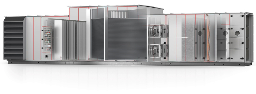 Ein Kreuzwärmetauscher (Bildmitte) kann trotz hoher Volumenströme klein dimensioniert werden, da die Luftführung der Zu- und Abluft nicht nur gegeneinander, sondern gleichzeitig über Kreuz verläuft. Es werden Rückwärmzahlen zwischen 80 und 90 % erreicht.