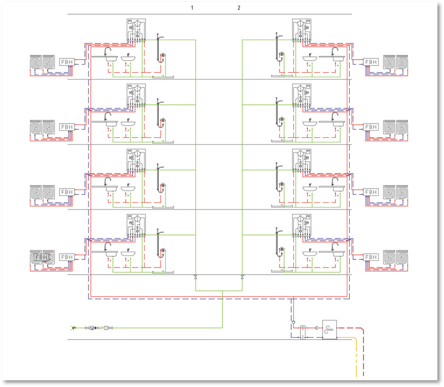 Im Standard 2 wird das Heizungswasser ganzjährig durchs Haus gefördert, um zu jedem Zeitpunkt die Trinkwassererwärmung zu ermöglichen.