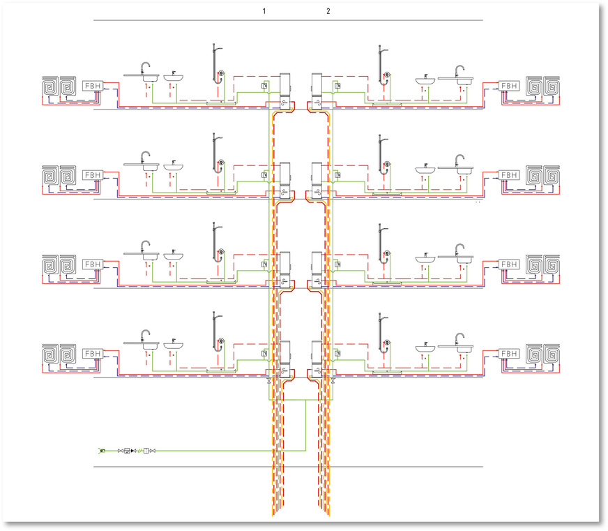 Im Konen-Standard erhält jede Wohnung nur Strom für die Wärmepumpe und Kaltwasser zur Trinkwassererwärmung. Die weiteren Prozesse laufen in der jeweiligen Wärmepumpe innerhalb der Wohnung ab.